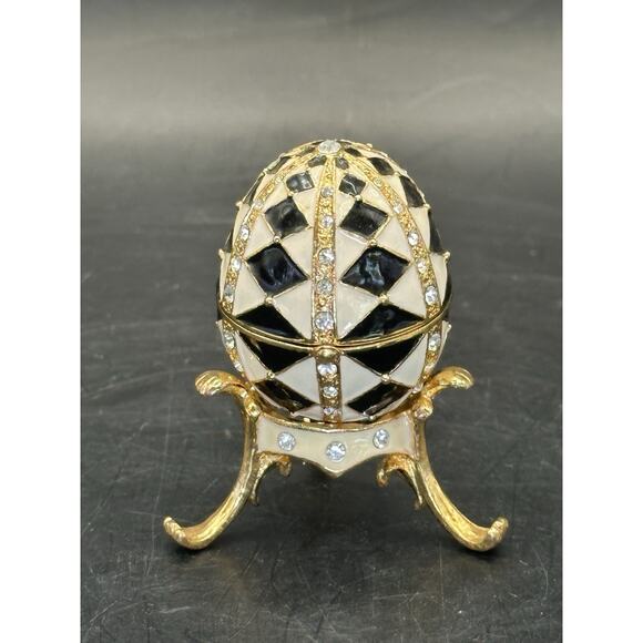Harlequin Enameled Trinket Box Egg Shaped Black White Crystals w/ Stand - Picture 2 of 10